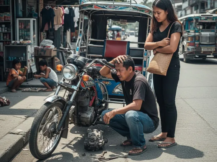 emergency fund philippines why every filipino needs one Filipino tricycle driver dealing with a sudden breakdown, showing why emergency funds matter.