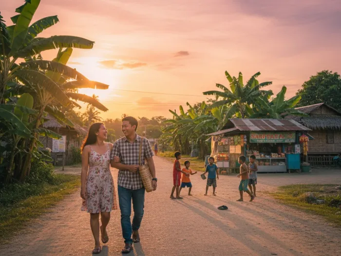 filipino couple sunset tradition values Filipino couple walking along a provincial road at sunset, sharing a peaceful moment.