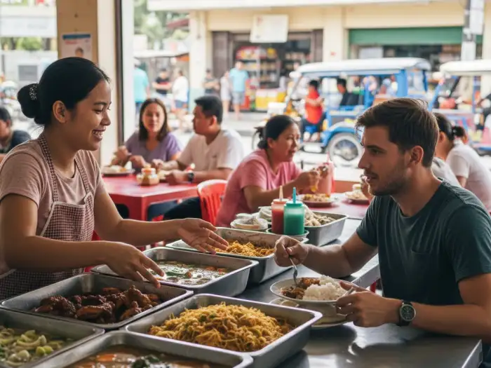 filipino food carinderia local dining Local Filipino carinderia serving dishes to a traveler experiencing authentic Pinoy food.