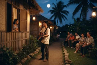 Young Filipino man singing harana outside a bahay kubo on a warm rural evening.