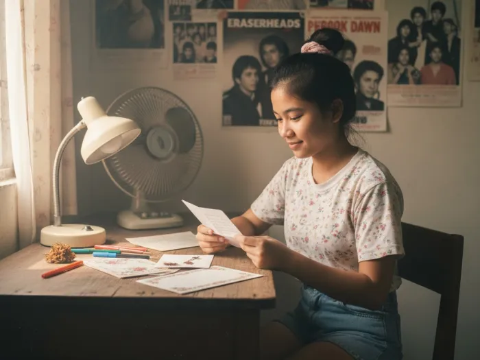 filipino love letters old romance stationery Filipina reading a handwritten love letter on a wooden desk in a nostalgic bedroom.