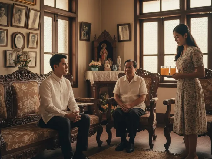 filipino panliligaw family dynamics living room Filipino suitor facing a woman’s parents during traditional panliligaw.