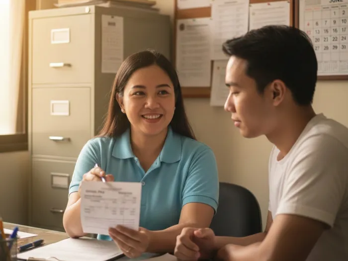 filipino payslip basic parts explained philippines HR staff explaining the basic parts of a Filipino payslip to an employee.