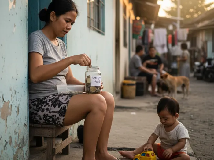 how to start emergency fund philippines small steps Filipina mother starting her emergency fund using small amounts saved at home.
