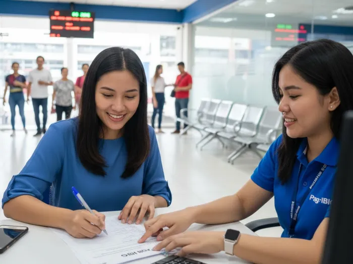 how to start pag ibig mp2 regular savings Filipina getting assistance at a Pag-IBIG branch to start MP2 or Regular Savings.