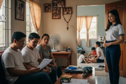 Filipino family reviewing a life insurance policy in a modest Philippine home.