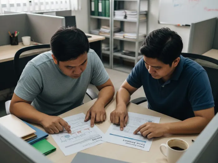 mp2 vs regular savings differences Filipino coworkers comparing Pag-IBIG MP2 and Regular Savings documents.