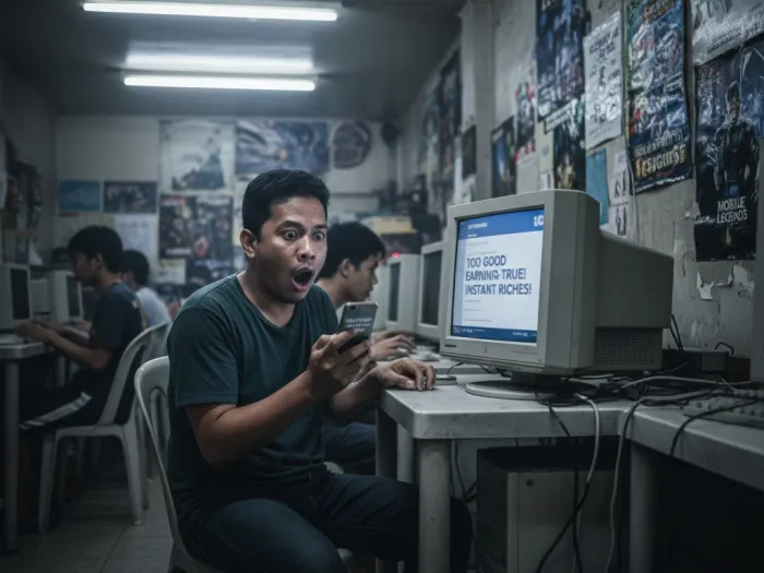 online job scams filipinos should avoid Filipino man spotting an online job scam message inside an internet café.