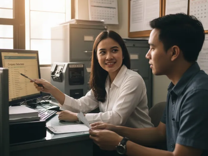 other payslip deductions philippines common items HR officer explaining common payslip deductions in the Philippines like loans or penalties.