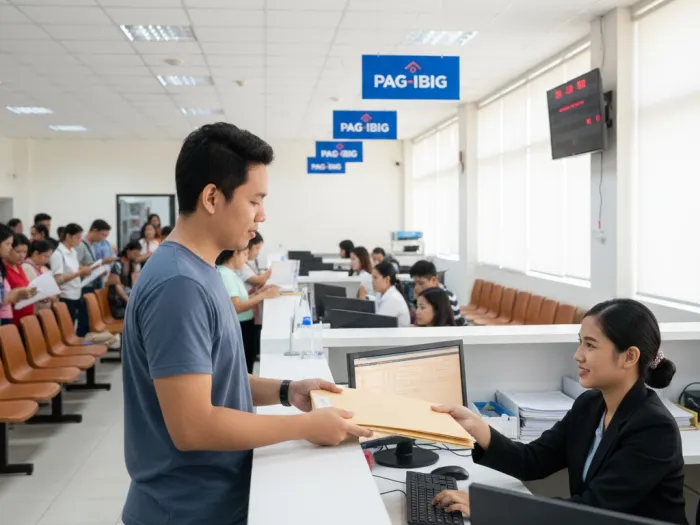 pag ibig loan application step by step philippines Filipino submitting a step-by-step Pag-IBIG housing loan application at a Pag-IBIG branch.