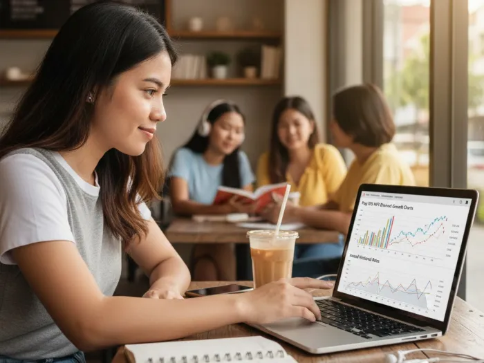 pag ibig mp2 savings philippines Young Filipina reviewing Pag-IBIG MP2 dividend growth charts in a café.