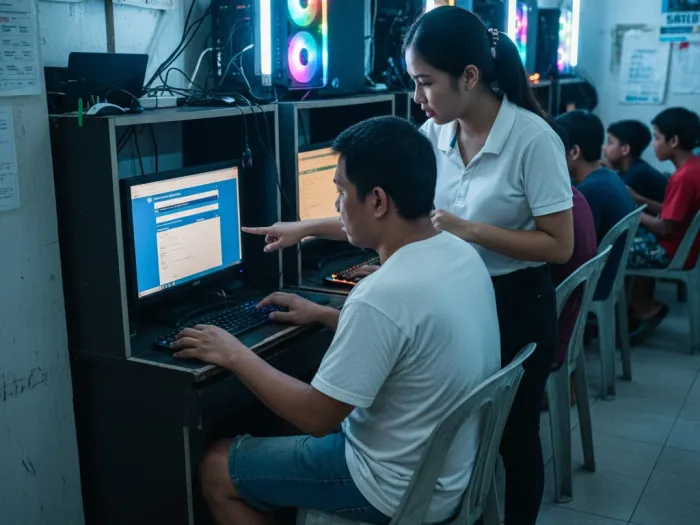 pagibig loan computation computer shop philippines Filipino worker using a computer shop PC to compute Pag-IBIG MPL and Calamity Loan amounts.