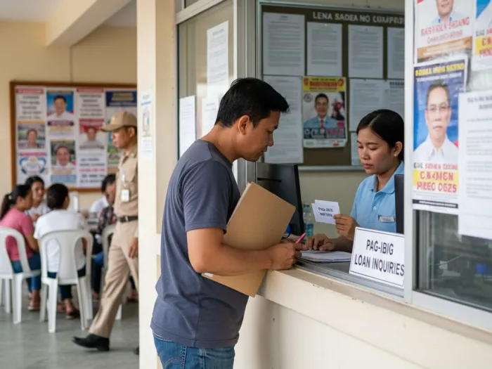 pagibig loan eligibility check philippines barangay Filipino asking a barangay staff member about eligibility for Pag-IBIG Calamity or MPL loans.