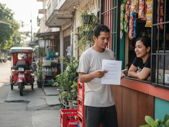pagibig loan terms discussion sari sari store Filipino neighbors discussing Pag-IBIG loan terms outside a sari-sari store.