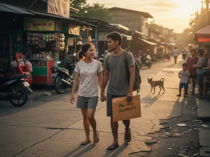 pagibig loans filipino family relief options philippines Filipino couple walking home with Pag-IBIG loan documents along a modest barangay street.