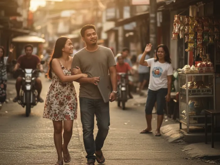 part time online income freedom filipino life Filipino couple walking home happily after earning extra income from a part-time online job.