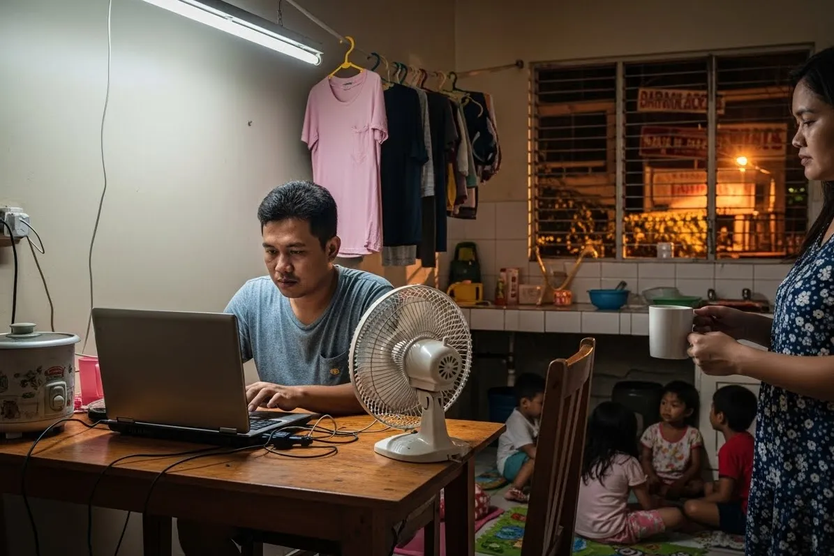 Filipino employee working a part-time online job in a modest apartment after his day job.