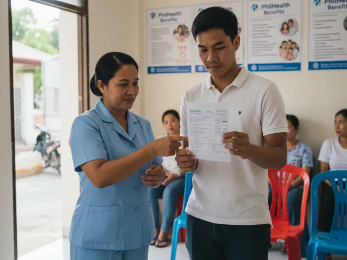 philhealth contribution deduction philippines Filipina nurse explaining PhilHealth contributions and deductions to an employee.