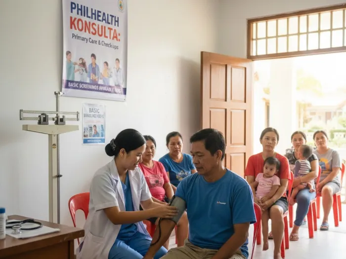 philhealth konsulta coverage primary care philippines PhilHealth Konsulta nurse performing a basic health check on a Filipino patient.