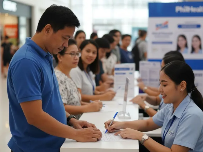 philhealth konsulta enrollment step by step philippines Filipino enrolling in PhilHealth Konsulta at a PhilHealth service counter.
