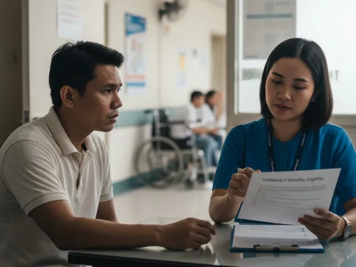 philhealth z benefits access how to philippines Filipino caregiver consulting a social worker on how to access PhilHealth Z Benefits.