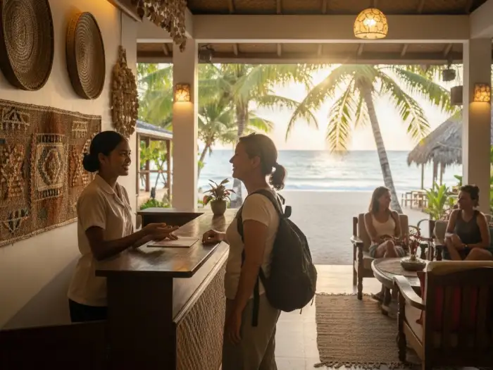 philippines resort hostel stay options Traveler checking in at a Filipino beachfront resort with warm and cozy interiors.