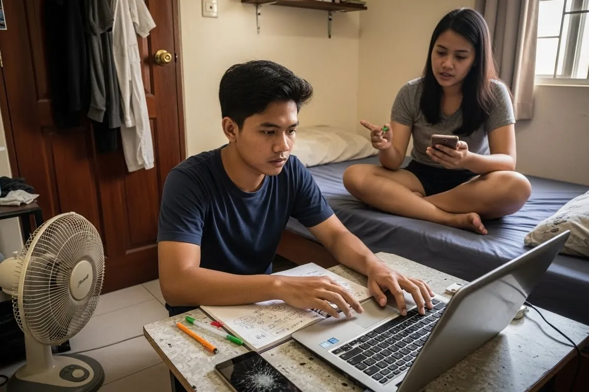 Filipino creator working on digital products in a modest bedroom setup.