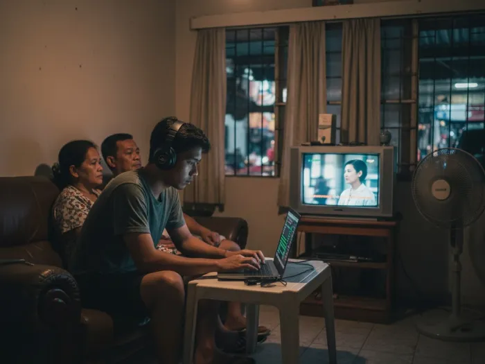 realistic earnings part time online jobs filipinos Filipino worker checking his online job earnings while working in a modest living room.
