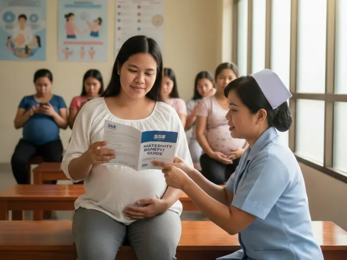 sss maternity benefit philippines guide employees Pregnant Filipina reviewing SSS maternity benefit information at a clinic.