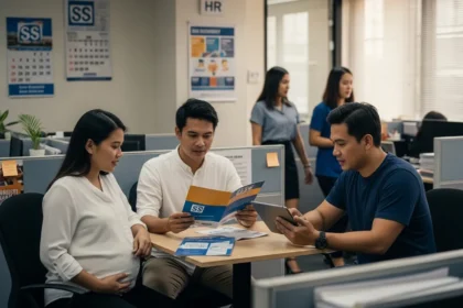 Filipino employees discussing SSS maternity, sickness, and unemployment benefits in a Manila office.