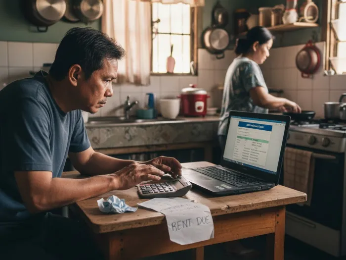 sss salary loan computation pinoy kitchen Filipino man computing possible SSS Salary Loan amount using a laptop and calculator.