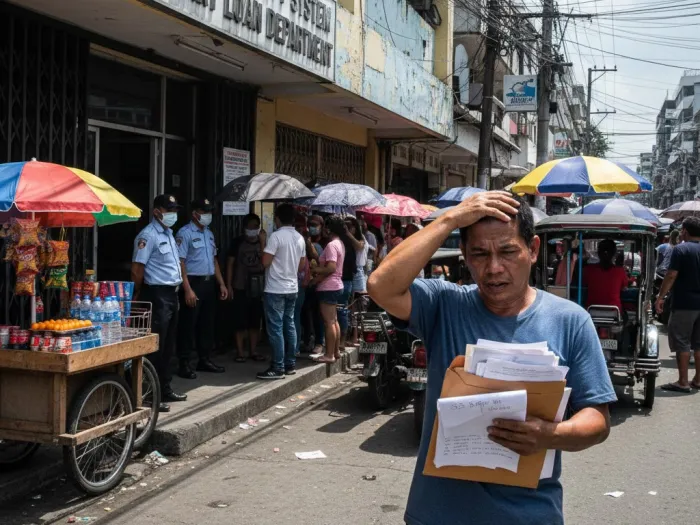 sss salary loan requirements pinoy queue Filipino worker checking SSS Salary Loan requirements outside an SSS branch.