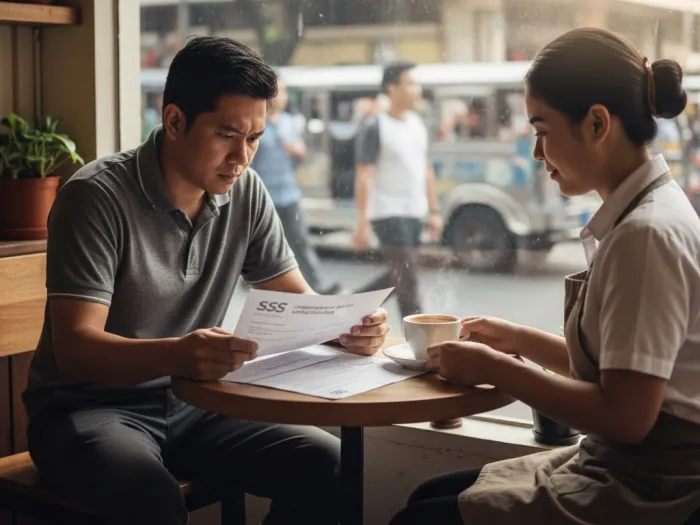 sss unemployment benefit philippines job loss support Filipino worker reviewing documents for his SSS unemployment benefit while job hunting.