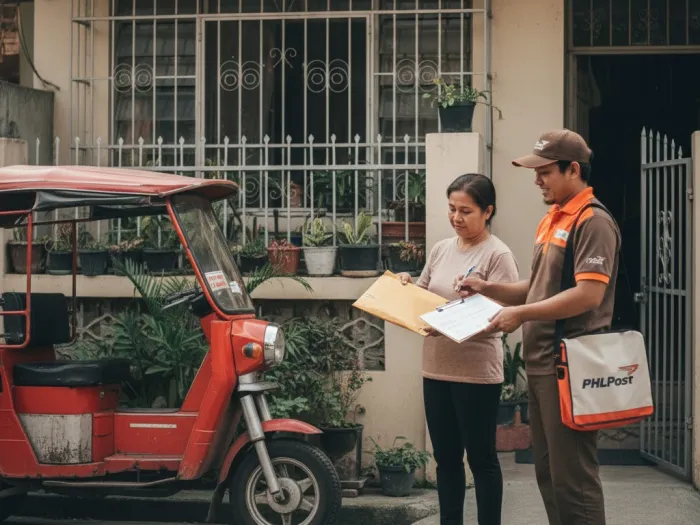 track national id delivery philsys phlpost philippines PHLPost courier delivering a Philippine National ID PhilSys envelope to a Filipino household.