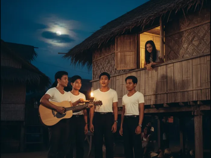 traditional harana serenade filipino romance Filipino suitor performing a harana under a bamboo house window at night.