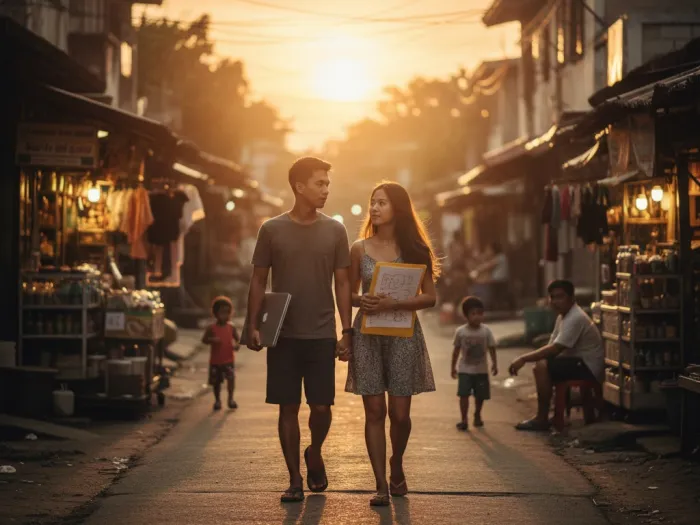 turning ideas into income digital products pinoy life Filipino couple walking home with digital product ideas and a second-hand laptop.