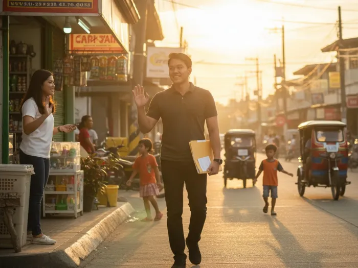 understanding payslip deductions philippines financial control Filipino employee walking home confidently after understanding his payslip deductions.