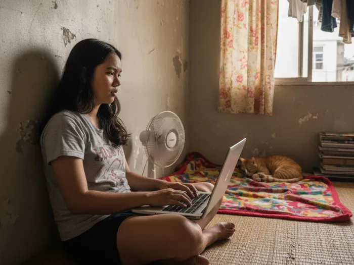 what are digital products pinoy beginners Filipina student researching digital products in a modest apartment.