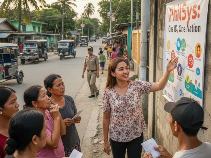 what philippine national id philsys is Filipina explaining what the Philippine National ID or PhilSys is outside a barangay hall.