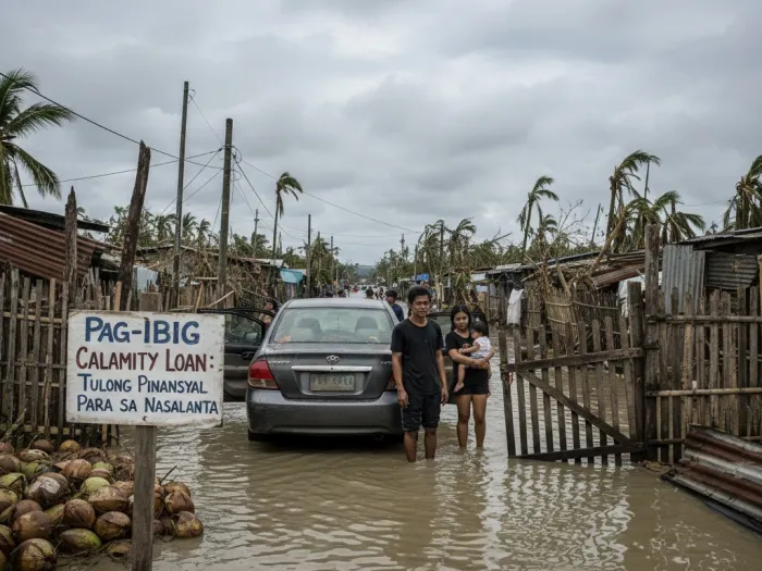 when to use pagibig calamity loan typhoon damage Filipinos inspecting typhoon damage on a flooded barangay street after a calamity.