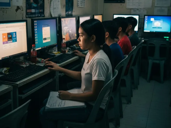 where to keep emergency fund philippines safe accessible Filipina using a computer shop PC to look for safe and accessible emergency fund options.