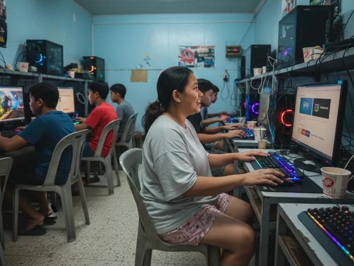 where to sell digital products pinoy platforms Filipina freelancer exploring platforms to sell digital products in a computer shop.