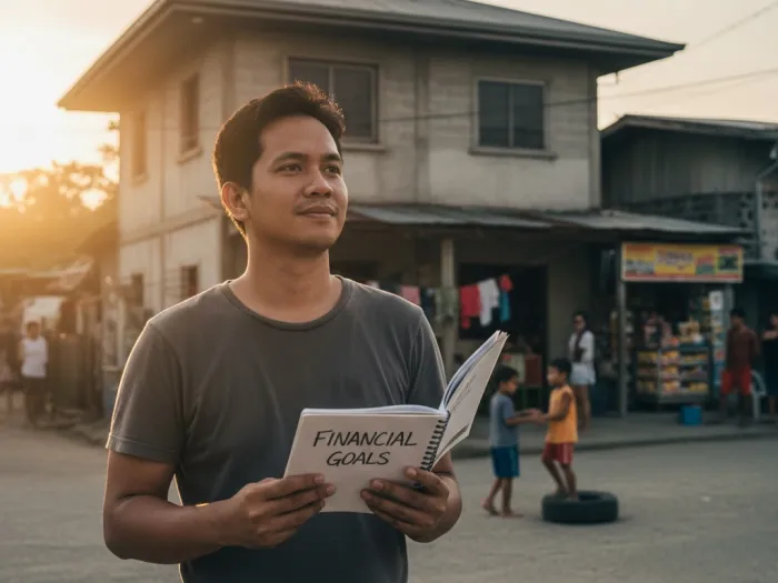 building strong credit future ph Filipino father holding a financial goals notebook outside his home at sunset.