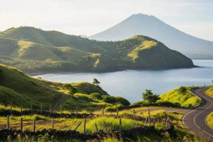 A photorealistic landscape of Camiguin showing hills, coastline, and Mt. Hibok Hibok for a Camiguin Travel Guide about affordable island adventures.