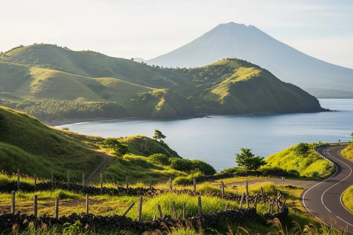 A photorealistic landscape of Camiguin showing hills, coastline, and Mt. Hibok Hibok for a Camiguin Travel Guide about affordable island adventures.