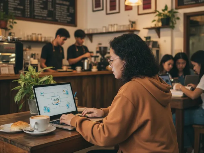 cloud certifications aws google cloud filipinos philippines Filipino tech professional studying AWS and Google Cloud certification material in a local café.