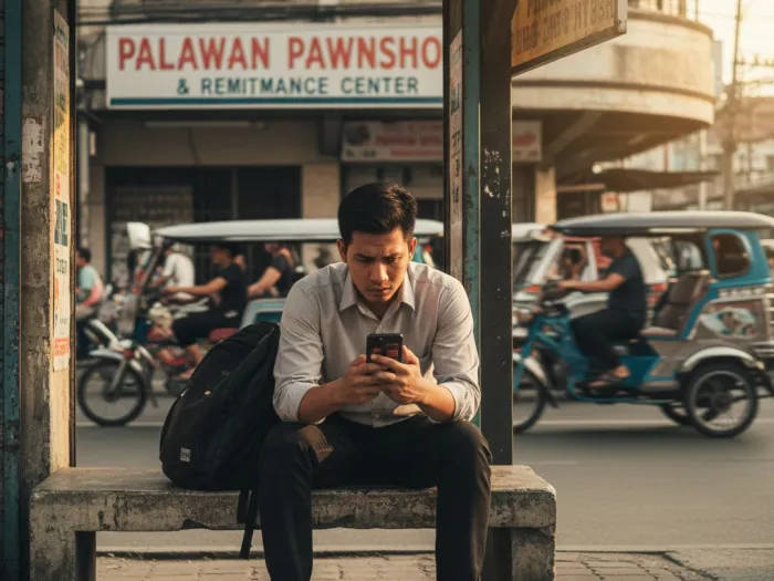 common credit score mistakes pinoys Filipino worker stressed while checking late bill reminders outside a remittance center.