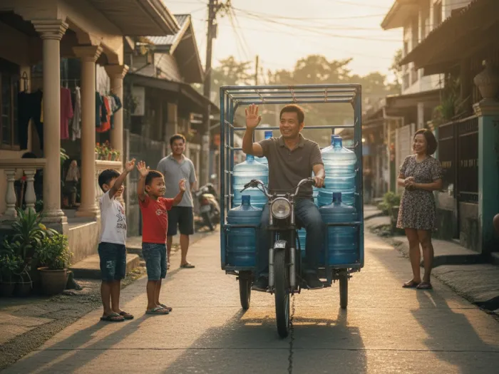 community growth water refilling station philippines Filipino owner delivering water gallons to local homes as his water station grows with the community.