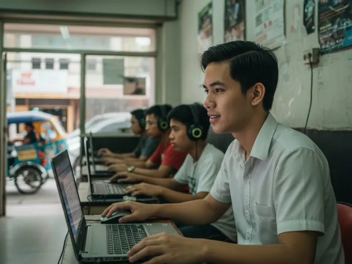 dti registration business name philippines Filipino entrepreneur registering a business name through the DTI website inside a local computer shop.