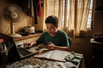 Filipino budget investor planning investments inside a modest Philippine home.